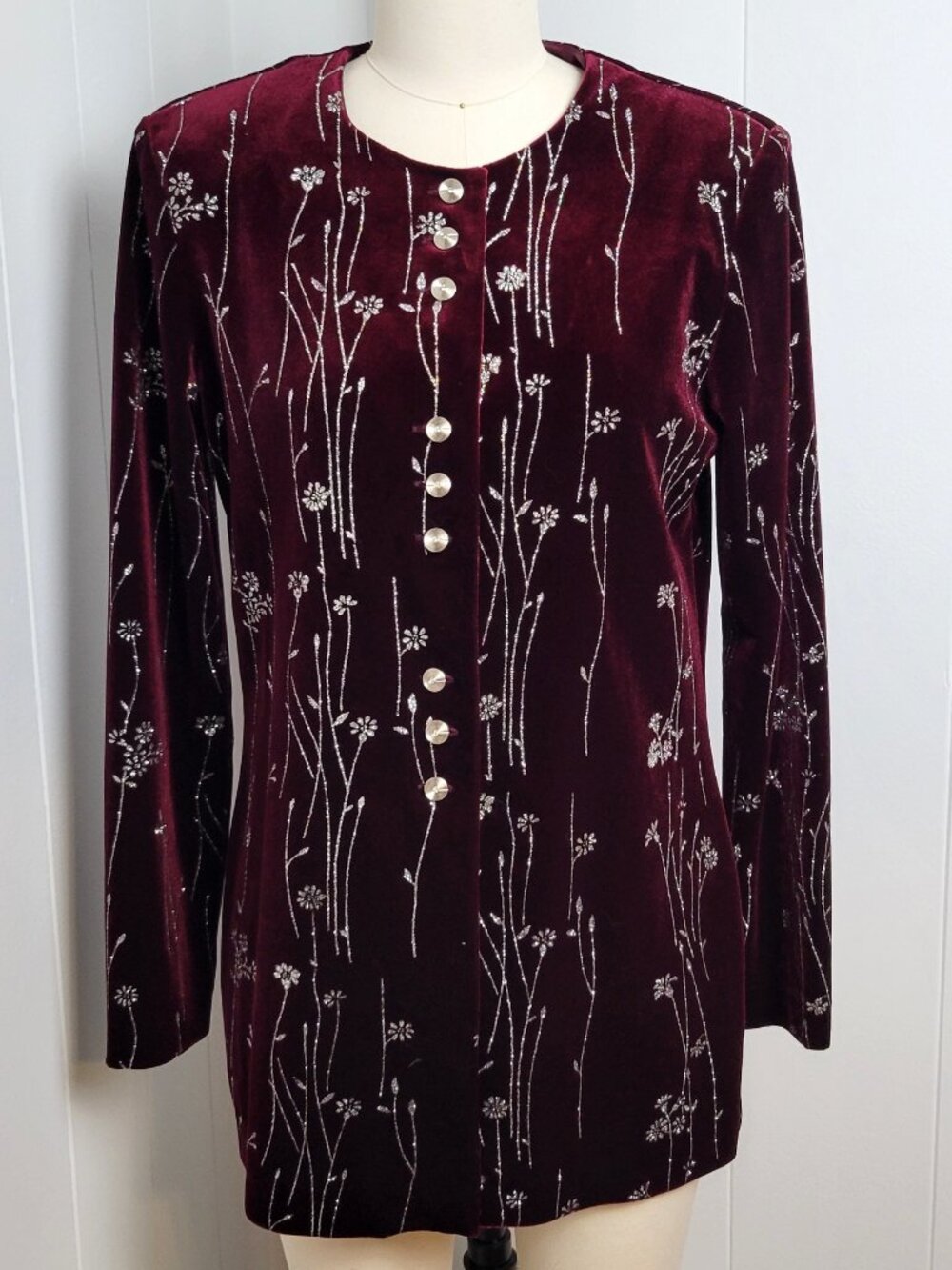 Vintage 90s JBS Burgundy Velvet Silver Floral Tunic Jacket Whimsigoth